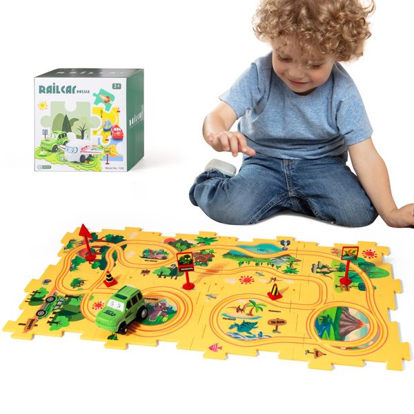 Kadayaya Dinosaurier Puzzle Spielzeugauto für Kinder 3-5 Jahre DIY Puzzle Autorennbahn Spielset für Kinder Puzzlebahn Auto Lernspielzeug für 3 4 5 6 Jungen Mädchen Montessori Spielzeug für Kleinkind