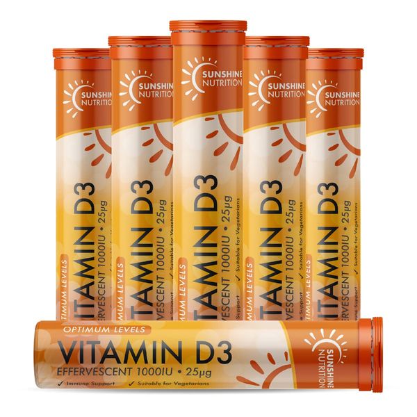 Sunshine Nutrition Vitamin D Effervescent Tablets - Dissolvable High Strength Vitamin D3-20 Vitamins Per Tube (6 Pack)