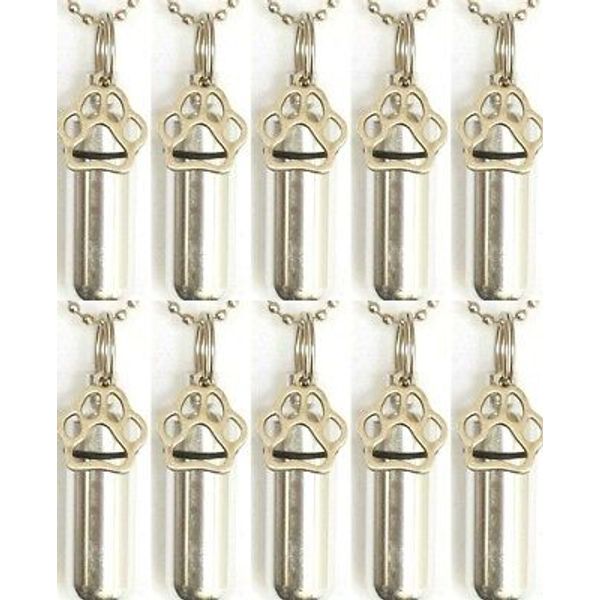 Set of 10 Silver Pet/Dog/Cat PAW CREMATION URN Necklaces, with Velvet Pouches