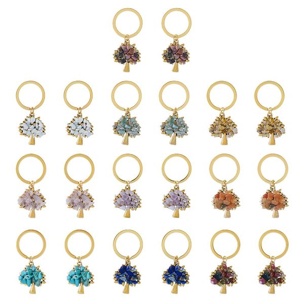 SUPERFINDINGS 20Pcs 10Colors Tree of Life Keychain Bulk Chip Gemstone Keychain Natural Crystal Stone Keyrings Tibetan Gold Keychains for DIY Bag Ornament Weddings Showers Favours