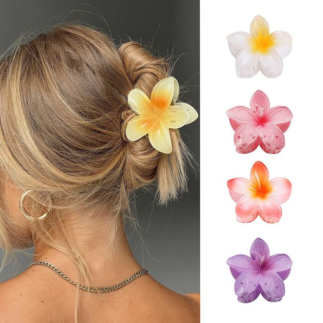 IOSPKKIO® 4 Stück Blumen-Haarklammern, starker Halt, große Krallenklammern für Dickes Haar, rutschfeste Haarklammern für Frauen, hawaiianische Blumen-Klauenklammern, 4 Farben