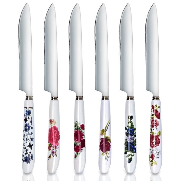 6Pcs Floral Dinner Knives Ceramic Set - Stainless Steel Dinner Set Butter Knives Cutlery Set - Large Ceramic Knife Set Stainless Steel Floral Ceramic Handle - Table Knives Set Small Chefs Knife