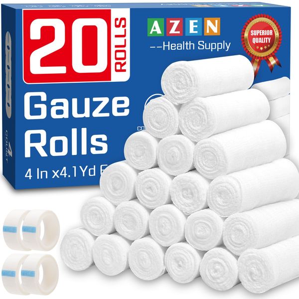 AZEN 20 Pack Gauze Rolls Bandages, 4 in x 4.1 Yards, Premium Medical Supplies & First Aid Supplies, Bandage Wrap Vet Wrap, Mummy Wraps