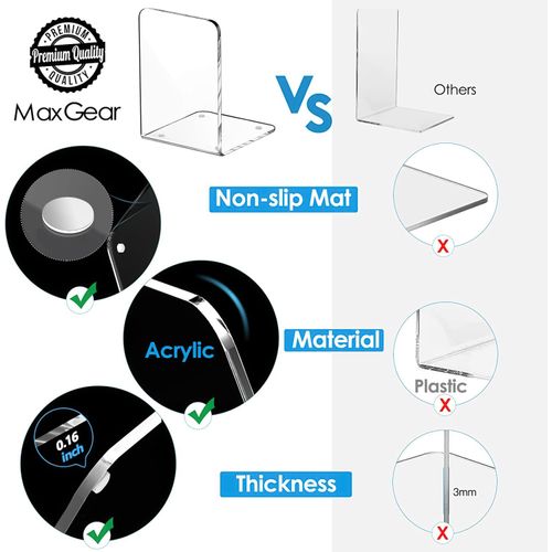 MaxGear Bookends Acrylic Book Ends Clear Book Ends for Shelves Decorative bookends for Shelves Non-Skid Book End Heavy Duty Bookend Book Holders for Shelves Book Stoppers (2 Pair/4 Pieces, Large)