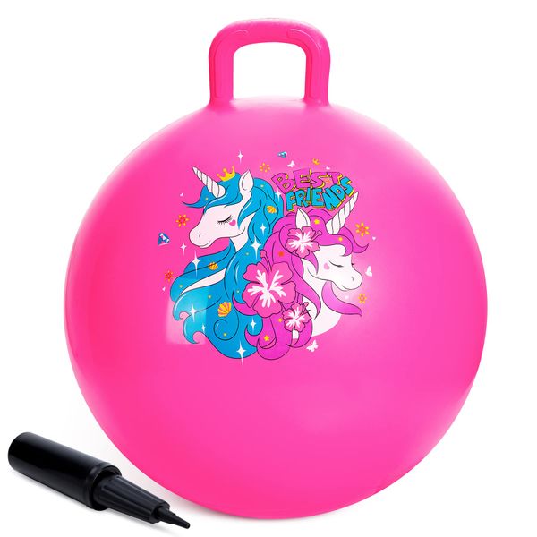 ZOOJOY Hopper Ball, Pink Bouncy Balls for Kids, 18 Inch Sit on Jumping Ball with Handle for Girls Gift Aged 3-8, Inflatable Unicorn Bounce Hopper Balls Toy with Pump