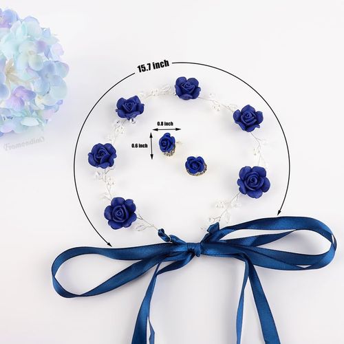 Framendino, Navy Blue Bridal Headband Crystal Flower Crown Wedding Headpiece with Earring Blue Rose Hair Vine for Women and Girls