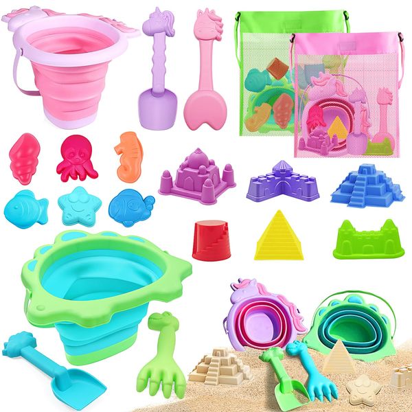 YZNlife Beach Sand Toys for Kids,20pcs Bucket and Spade Castle Sand Toys for Sand Pit with Collapsible Folding Bucket and Marine Animal Sand Moulds Toys for Children Toddles Age 3 4 5