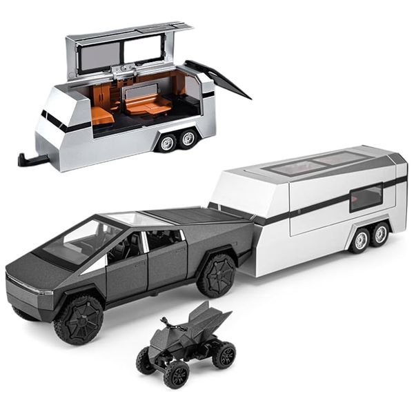 1/32 Pickup Truck and Trailer Toys with Light and Pull Back, Alloy Diecast Pickup Trailer RV Model Kit, Diecast Model Car Toy Truck and Trailer for Boys Adults as Birthday Gifts (Dark Gray)