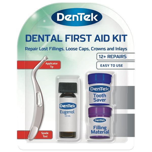 DenTek Home Dental First Aid Kit for repairing lost fillings or securing loose caps, crowns or inlays (packaging may vary) with spade tool