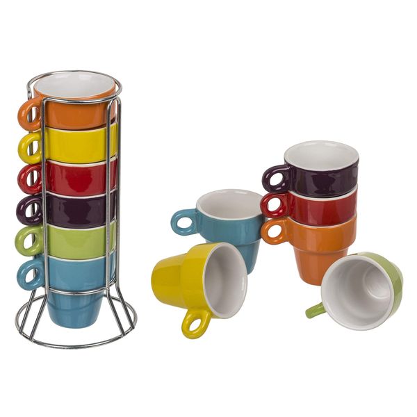 Invero Espresso Vibrant Coloured Stackable Mug Set Stand Includes 6 Ceramic Coffee Cups 60ml (per Cup) and a Chrome Stand
