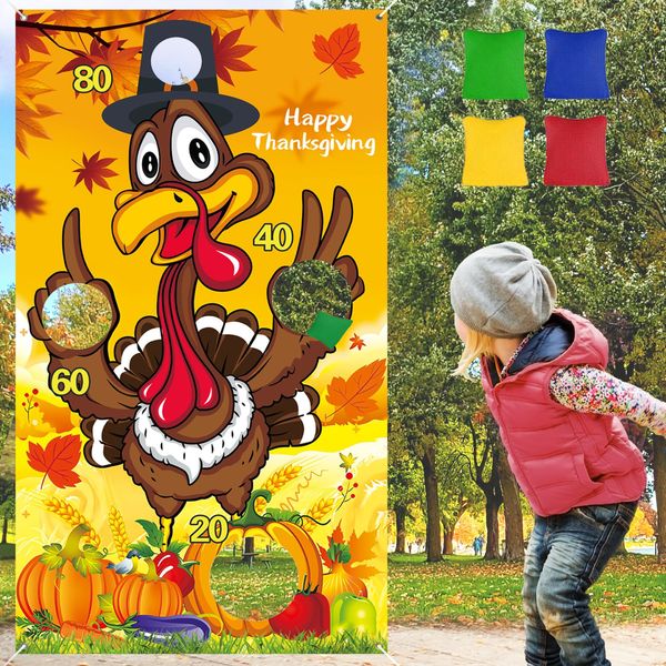 Fall Festival Games, Thanksgiving Games, Turkey Bean Bag Toss Games Banner Backdrop with 4 Big Bean Bags Fall Party Games for Kids Teens Adults Fall Party Decorations Party Favors Outdoor Games