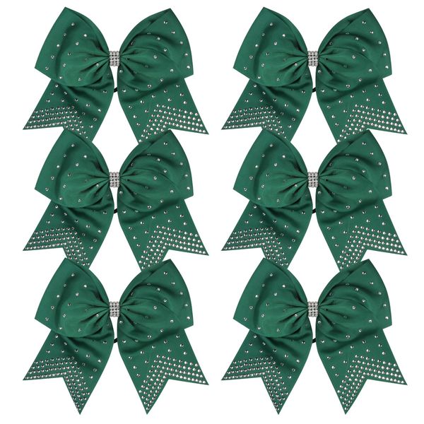 8 Inch Cheerleader Bows Ponytail Holder with Bling Fling Rhinestones Hair Tie Cheerleading Bows 6 Pcs (Forest Green)