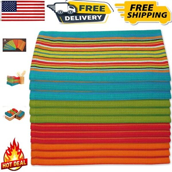 12-Pack Colorful Salsa Stripe Kitchen Dish Towels - 100% Cotton Absorbent