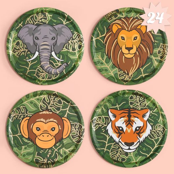 xo, Fetti Jungle Foil Paper Plates - 24 pk, 9" | Safari Theme Party Decorations, Zoo Animal Birthday Party Supplies, Baby Shower Favors