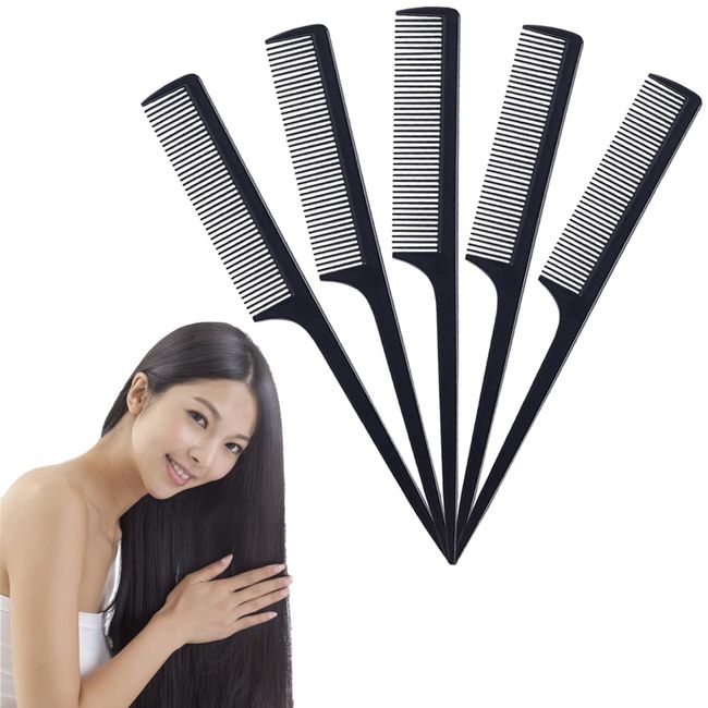 5 PCS Tail Comb Fine Tooth Black Tail Comb Professional Rat Tail Combs with Long Handled Hairdresser's Plastic Heat Resistant Styling Comb for Men Women Salon Home Use