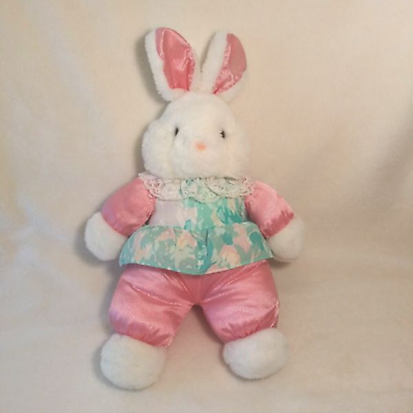 Vintage Bunny Parachute Fabric Pink Flower Dress Stuffed Animal Plush