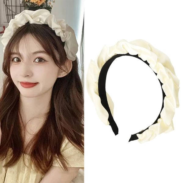 ShiQiao Spl White Satin Wide Headband for Women Wide Ruched Ruffle Hairband Headbands Elastic Pleated Hair Head Band Fashion Thick Hairbands for Girls Hair Hoop Hoops Hair Accessories for Women Girls