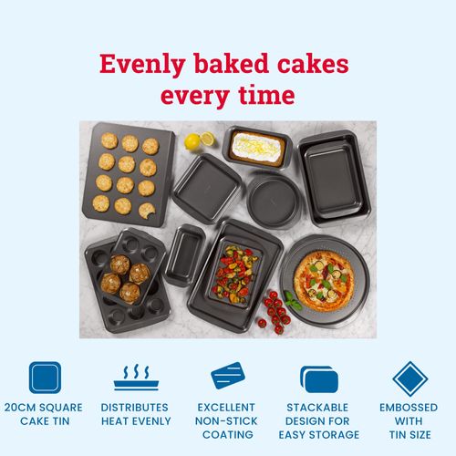 Tala 8-inch Square Cake Tin- Non-stick Baking Pan - Even Heat Distribution Oven Pan for Cakes, Lasagne or Shepards Pie - Carbon Steel, Wide Flat Handles, Dishwasher & Freezer Safe Cake Tins- 20cm,Grey
