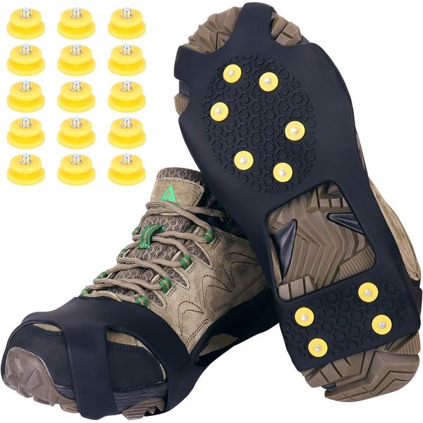 Ice Snow Grips,Anti Slip Winter Ice Grippers Snow Traction Cleats Crampons Spikers Ice Traction Slip on Boots Shoes Cover Fit for Hiking Fishing Climbing With 15-Pack Spare Snow Spikes (Schwarz, L)