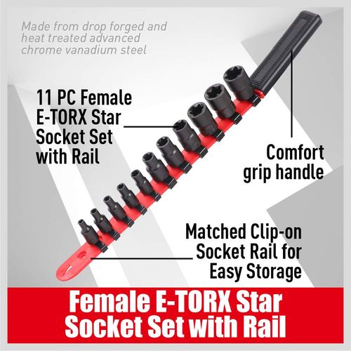 SEDY 11-Piece E-Torx Socket Set - Star Socket Set with Socket Rail, External Torx Socket with Socket Organizer, External Socket Set, E4 E5 E6 E7 E8 E10 E12 E14 E16 E18 E20 Reverse Sockets Set