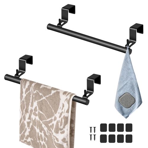 Over The Door Towel Rack, Kitchen Towel Holder, Stainless Steel Dish Towel Holder, Over Cabinet Towel Bar for Bathroom Cupboard, 2 Hooks 8 EVA Foam Protective Mats and 2 Nails, 2 Pack (Black)