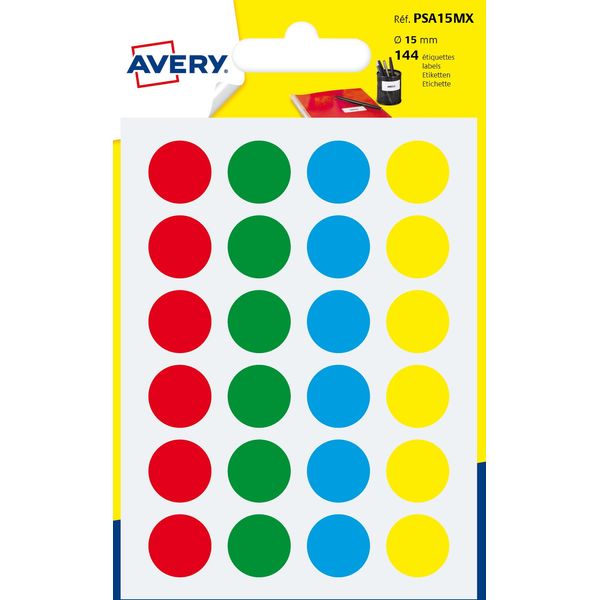 Avery 144 Circle Stickers, 15mm Diameter, Assorted Small Round Dot Adhesive Labels