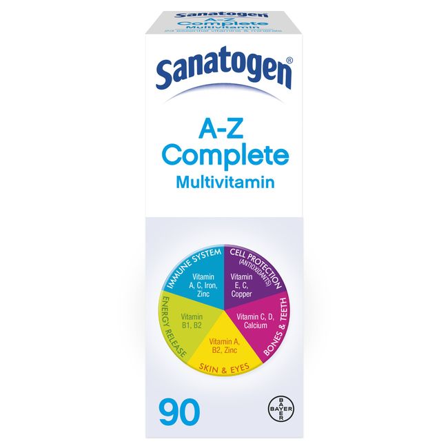 Sanatogen A-Z Complete Multivitamin Tablets for Men and for Women, Contains Vitamin D, Vitamin C, Iron, Calcium Supplement, 1 Pack of 90 Tablets - 3 Months Supply