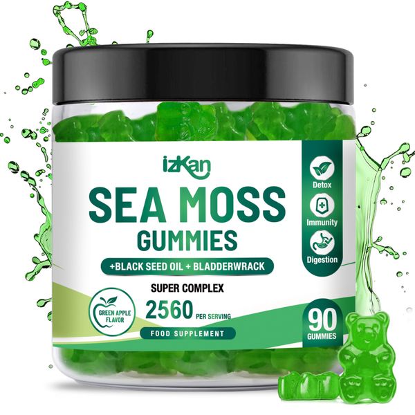 Sea Moss Gummies with Bladderwrack & Burdock Root 2640 mg Superfood with Black Seed Oil Supports Immunity Gut Support Detox Digestion Hair Nail Skin Apple Flavour 90 Vegan Gummies | (1)