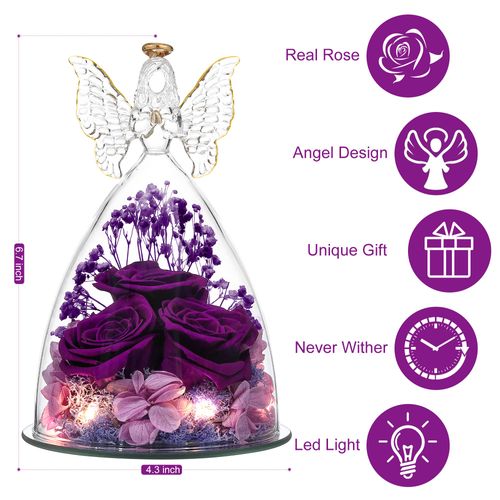 Tiaronics Mothers Day Rose Gifts for Her, Glass Angel Figurine with Three Roses Gifts,Preserved Forever Real Rose Gifts for Women, Angel Guardian with Rose Flower Gift, Full Purple