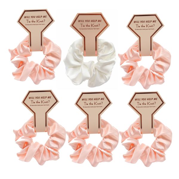 OWITER Satin Bridesmaid Scrunchies Bachelorette Hair Ties Set of 6 Bridal Shower No Damage Hairties ideas Gift for Wedding Party (blush)