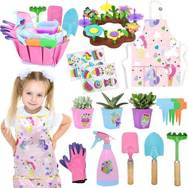 Kids Gardening Tools Set, 74pcs Unicorn Garden Tools Kit with Metal Shovel, Trowel, Rake, Water Can, Apron and Unicorn Diamond Sticker, Flower Garden Building Toys, Outdoor Birthday Gift for Girl