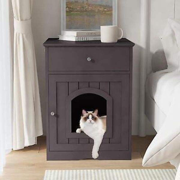 Wooden Cat Litter Box Enclosure with Drawer Indoor Pet Crate Nightstand Brown