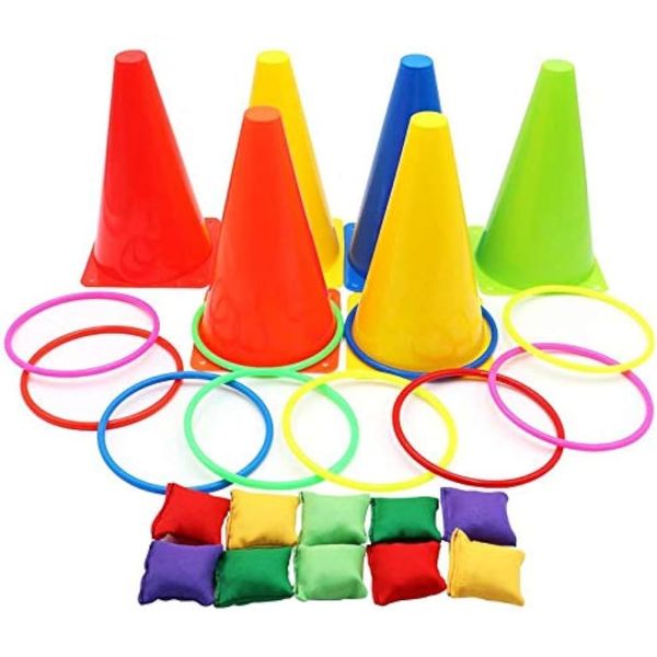 Aizhuang 3 in 1 Ring Toss Game Carnival Combo Set Soft Traffic Cone Bean Bags with Plastic Multicolor Throwing Circle Activity Rings for Kids Outdoor Indoor Speed and Agility Practice Games