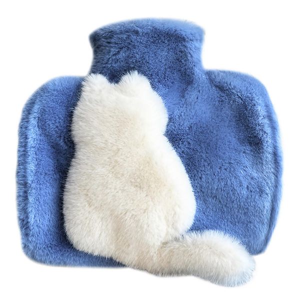 Plush Hot Water Bottle PVC Cute Plush Hot Water Bag for Hot and Cold Compress with Pockets on Both Sides 1500ML Capacity Christmas New Year Valentine's Day Birthday Gift 3D Cat(Blue and White)