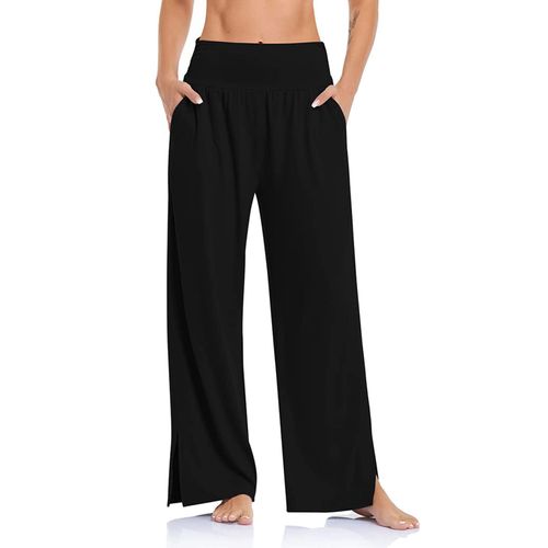 Cegerne Women's Palazzo High Waist Harem Trousers, Yoga Trousers, Stretch Fabric Trousers, Wide Jogging Bottoms, Sports Activewear Trousers, Training Trousers with Slit, Black (black 01)