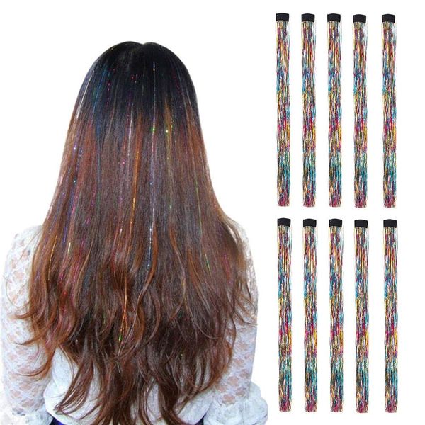 LiaSun 10Pcs/set Highlight Glitter Tinsel Hair Extensions Clip In - Colored Party Sparkling & Shiny Hair Extensions - Multi-Colors Hair Streak Bling Hairpieces (Multicolor)