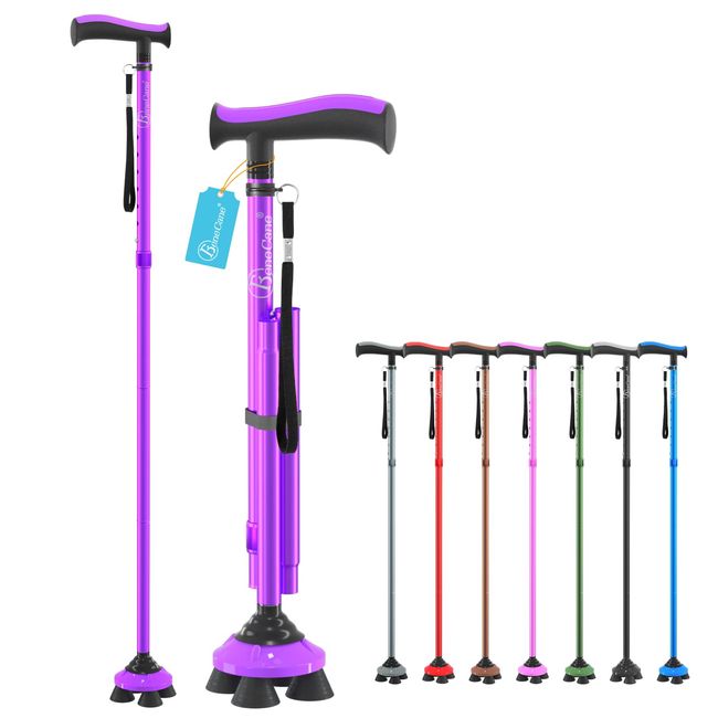 BeneCane Walking Cane for Men & Women Walking Stick for Seniors Folding Canes Quad Cane Adjustable Lightweight Sturdy Free Standing Collapsible Heavy Duty with Soft TPR T-Handle and Travel Bag(Purple)