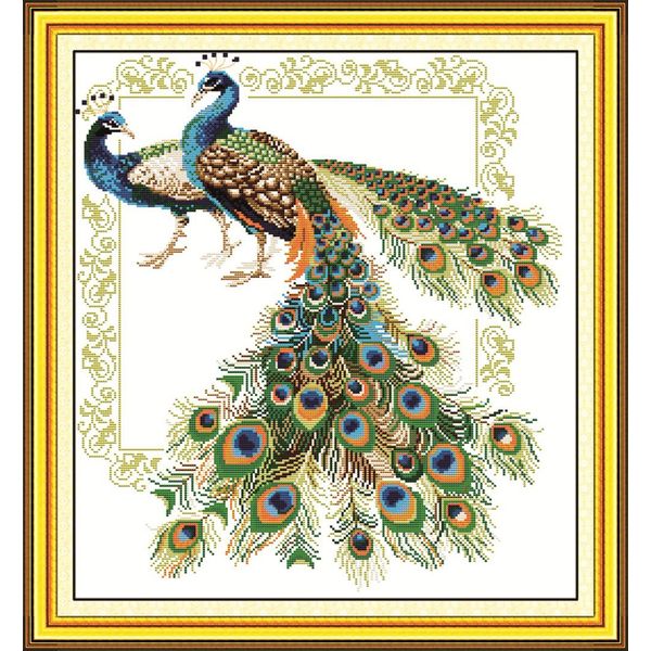 YEESAM ART Unstamped Cross Stitch Kits for Adults, Lucky Peacocks 14ct Counted Unprinted Embroidery Kit Needlework Wall Art Decor（14ct Unprinted）