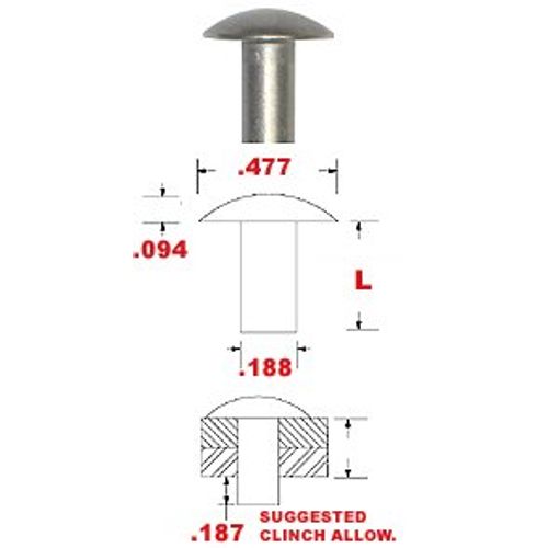 AN455-A6-12 - (3/16" Diameter X 3/4" Length) Solid 1100F Aluminum Brazier Head Rivet, Plain Finish (Pack of 1 LB - Approximately 330 Pieces)