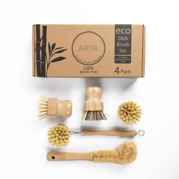 ARYA. | Eco Dish Brush Set | 4 Kitchen Washing Up Brushes & One Replacement Head | Bamboo & Natural Fibers | Eco Friendly Wooden Pot Brush Scourer Scrubber Sponge Alternative