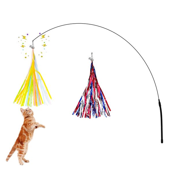 Andiker Cat Wand Toy with 2PCS 12in Replaceable Colorful Rainbow Tassels with Little Bells Funny and Shiny Interesting Cat Toys for Indoor Cats Keeping Fit (Modern, 3, Count)