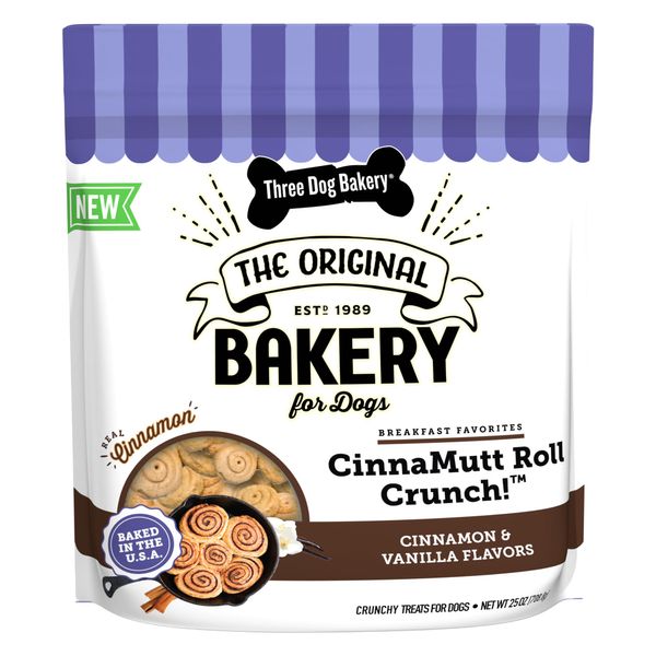 Three Dog Bakery CinnaMutt Roll Crunch Dog Treat, Crunchy Cinnamon Roll Flavored Dog Cookie