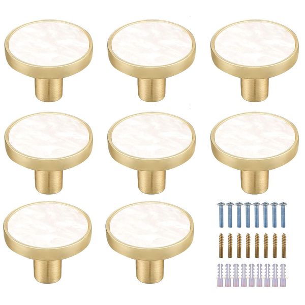 Kyrio 8PCS Marble Brass Cabinet Knobs Round Circular White Drawer Handle Pulls Decorative White Mother Cupboard Knobs Gold Dresser Knobs Kitchen Furniture Hardware Clothes Hooks Pearl (8, Style A)