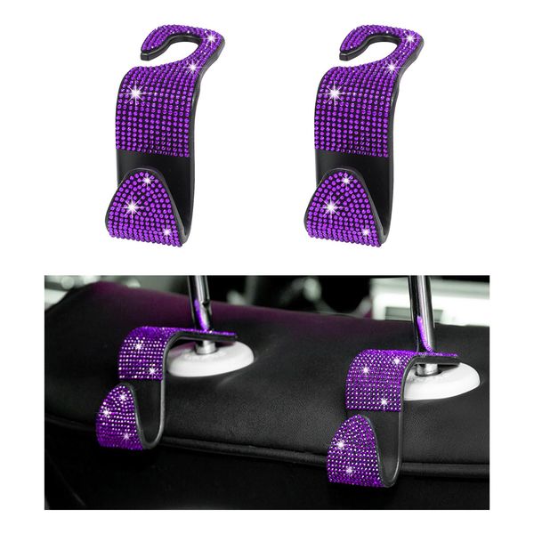 Augeny 2 PCS Bling Car Seat Headrest Hooks, Crystal Rhinestone Back Seat Hanging Storage Organizer, Auto Purse Bags Hanger, Universal Vehicle Interior Accessories for Women Girls (Purple)