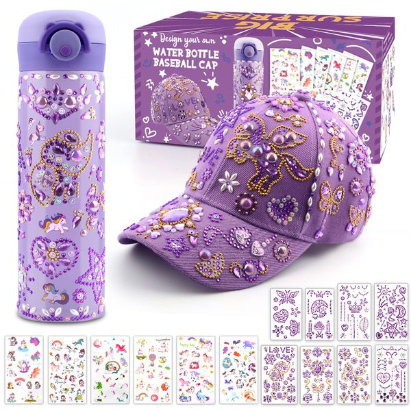 Gifts for Girls DIY Water Bottle and Baseball Cap, Decorate Your Own Water Bottle with Gem & Unicorn Stickers, Back to School Birthday Present Girls Age 4 5 6 7 8 9 10 Year Old,Kids Girl Craft Kit Toy