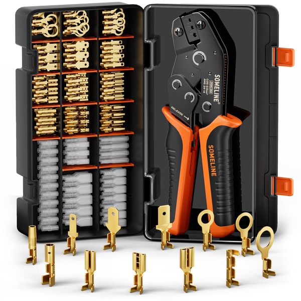 SOMELINE® Crimping Tool Set with 12 Sizes Wire Connector Set, Crimp Plier 0.25-2.5mm²(AWG 24-14) Non-Insulated Open Barrel Terminals Wire Splices Brass Spade Connecto