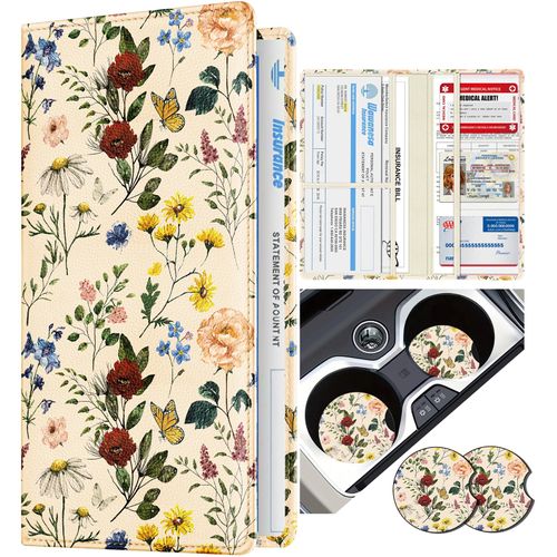 Slohif Car Registration and Insurance Card Holder with Magnetic Shut - Vehicle Glove Box Organizer Women Leather Automobile License Holders Coasters Auto Accessories Case for Document,Retro Flower