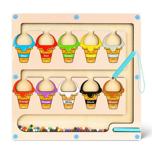 LovesTown Magnetic Color and Number Maze, Montessori Wooden Color Matching Learning Counting Puzzle Board for Toddler Kids Magnetic Ice Cream Toy