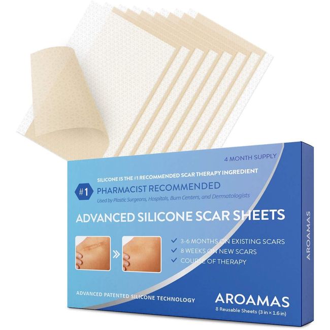 Aroamas Professional Silicone Scar Sheets, Soften and Flattens Scars Resulting from Surgery, Injury, Burns, C-Section and More, Soft Silicone Scar Strips [3"x1.57", 8 Sheets for 4 Month Supply]