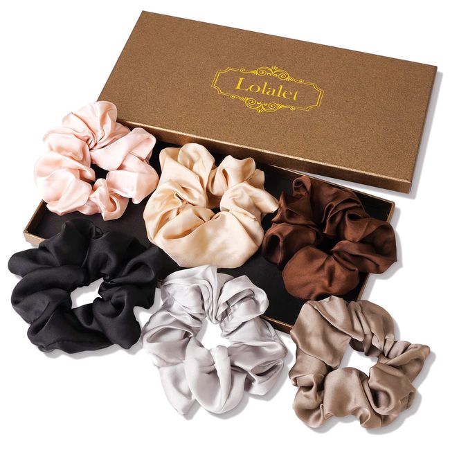 (6 Stück) Lolalet Haargummis Seide Scrunchies Satin für Damen, Haargummi Weich Elastisch Silk Skrunschis Groß für Damen Frauen Mädchen 6 Farben -Schwarz,Braun,Grau,Champagner,Hellpink,Silber